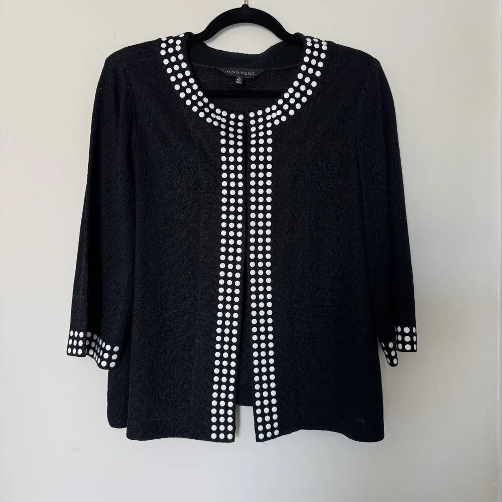 Ming Wang Black Knit Jacket White Stud Embellished Open Front Size L